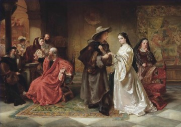 three women at the table by the lamp Painting - Romeo and Juliet meeting at the Capulets Ball Robert Alexander Hillingford historical battle scenes